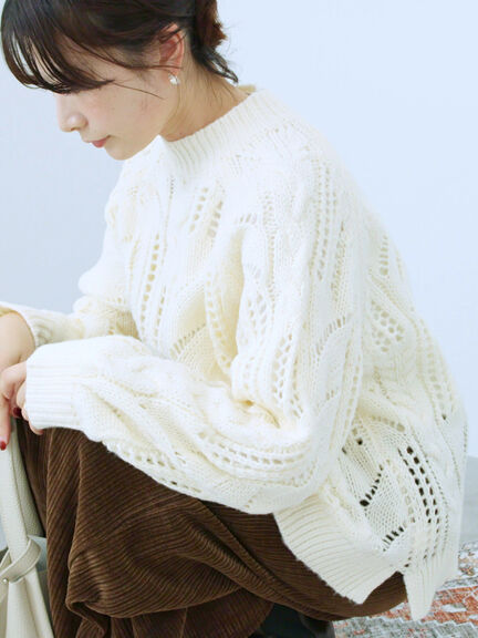 透かしケーブルニットプルオーバー（オフホワイト/チャコールグレー/サックスブルー）｜Samansa Mos2 blue（サマンサモスモス ブルー）通販