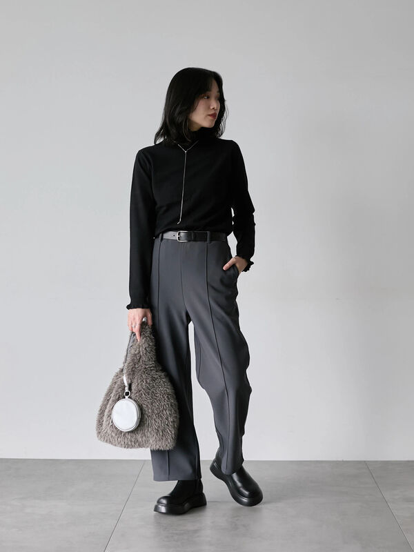 カットジョーゼット裏ボンディングパンツ（チャコールグレー/ブラック