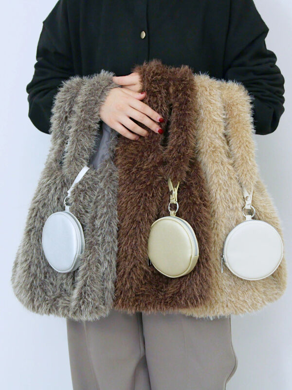 ササモク セール】 フェイクファーマルシェバッグ（グレー/ベージュ/ブラウン