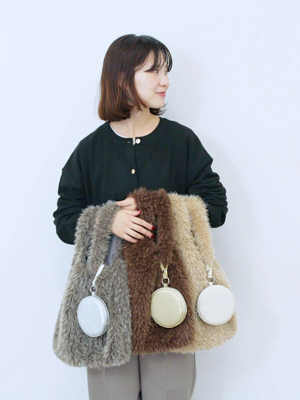 セール】 フェイクファーマルシェバッグ（グレー/ベージュ/ブラウン