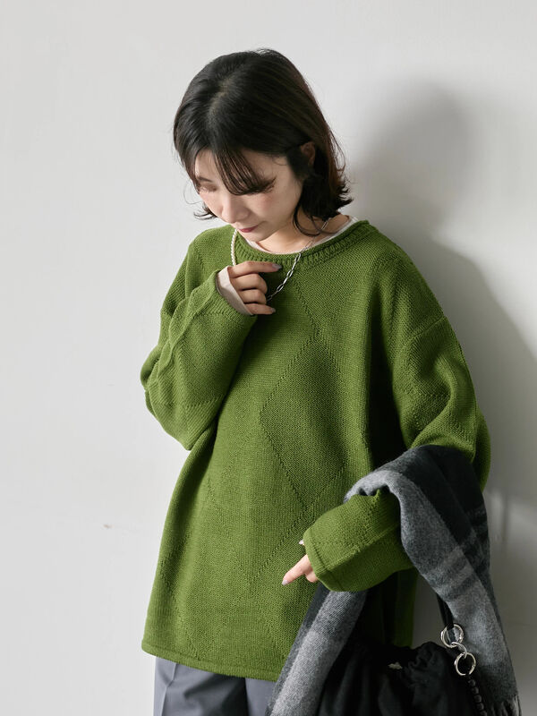 【モヘア 肉厚 ゆるダボ】 ニットセーター 腕太 総柄 モスグリーン XL相当 セール】 ◎スクエア編みニット（ブラック/グリーン/キナリ/トップス