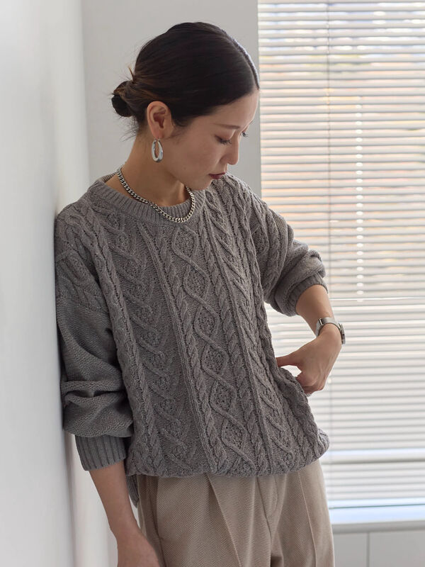 セール】 ラメモールケーブルニットプルオーバー（グレー/ピンク
