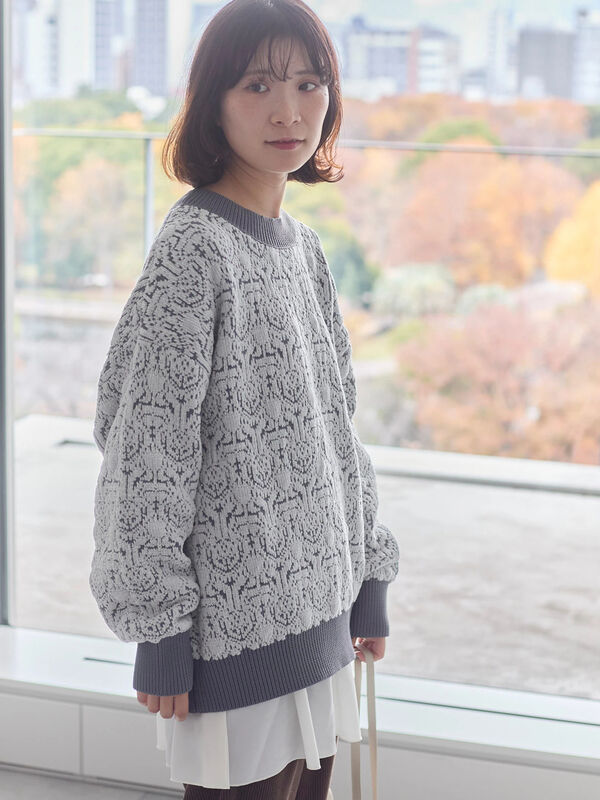 セール】 ジャカードモールニットプルオーバー（グレー
