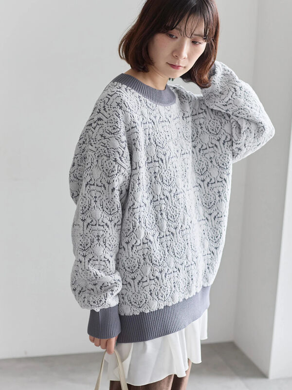 セール】 ジャカードモールニットプルオーバー（グレー