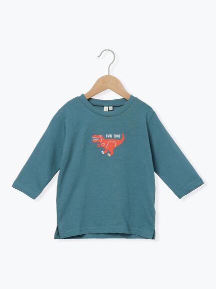 吸水速乾】恐竜刺繍7分袖Tシャツ（チャコールグレー/グリーン