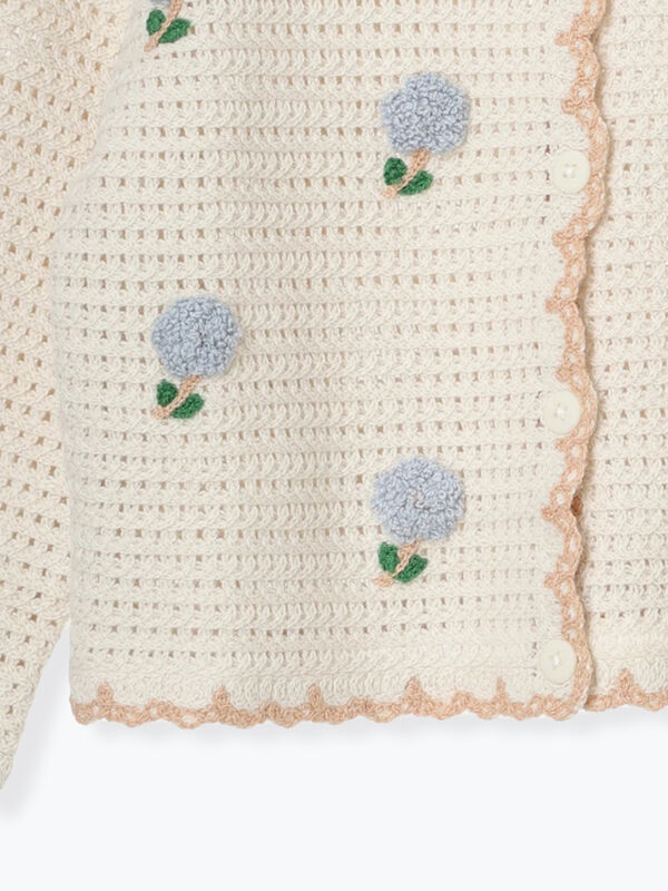 セール】 花刺繍透かし編みニットカーディガン（ベージュ/キナリ