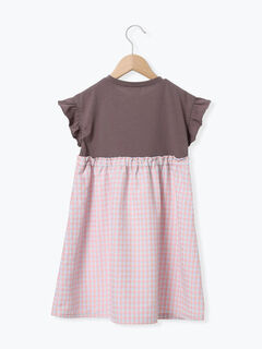 セール】 チェック切替フリル袖ワンピース（ブラウン/キナリ