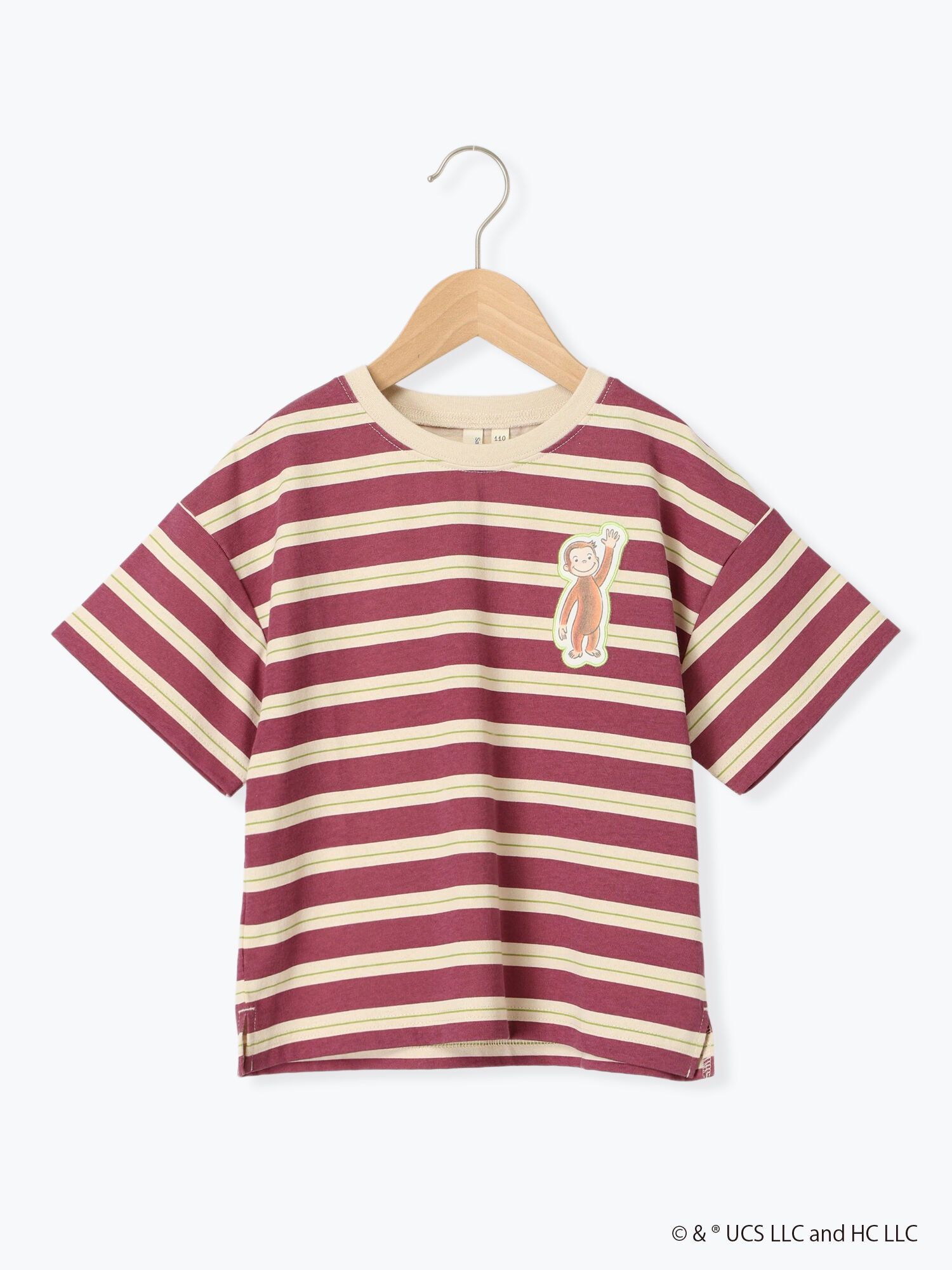おさるのジョージ】ワッペン付きボーダーTシャツ（ボルドー