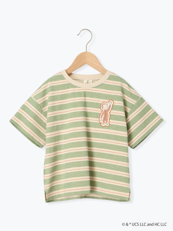 おさるのジョージ】ワッペン付きボーダーTシャツ（ボルドー