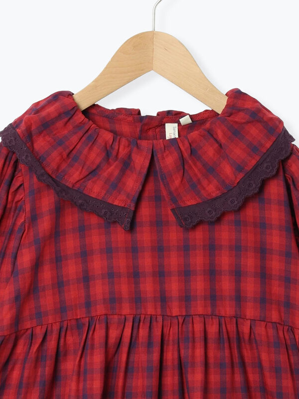 セール】 チェックフリル衿ワンピース（レッド/キャメル/ワンピース