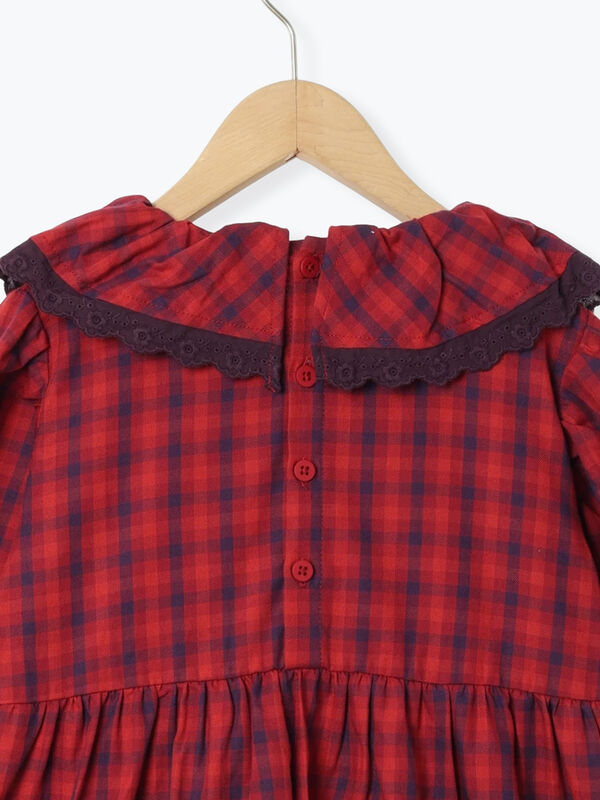 セール】 チェックフリル衿ワンピース（レッド/キャメル/ワンピース