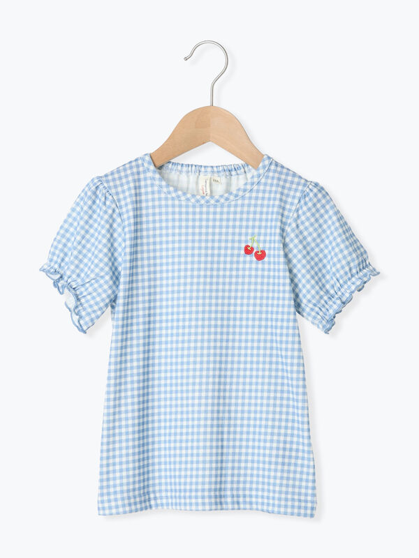 Samansa Mos2 blue COJI-COJI /刺繍Tシャツコジコジ ◎チェリー刺繍ギンガムチェックTシャツ（ブルー/ラベンダー