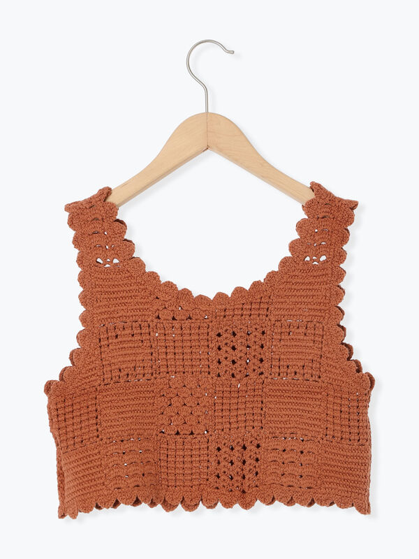 セール】 クロシェ風ニットベスト（ブラウン/キナリ/アウター/ベスト