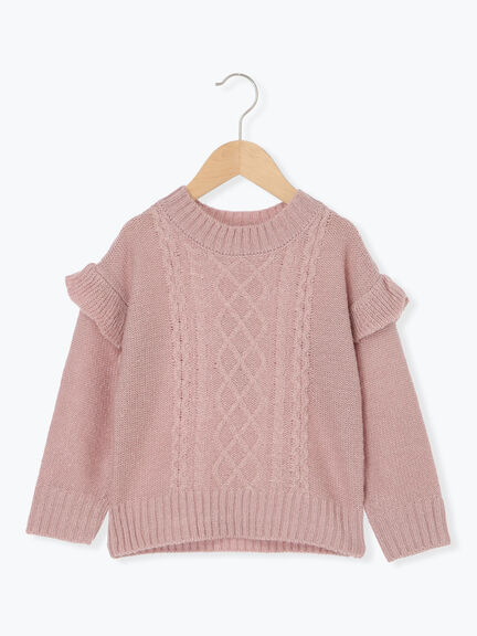 セール】 【マシンウォッシャブル】肩フリルケーブル編みニット