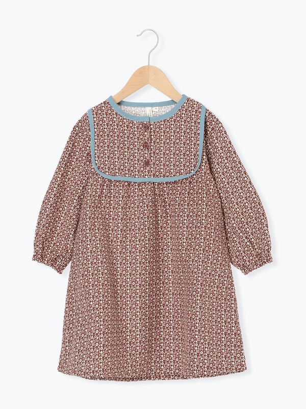 セール】 配色パイピング花柄ワンピース（ブラウン/サックスブルー