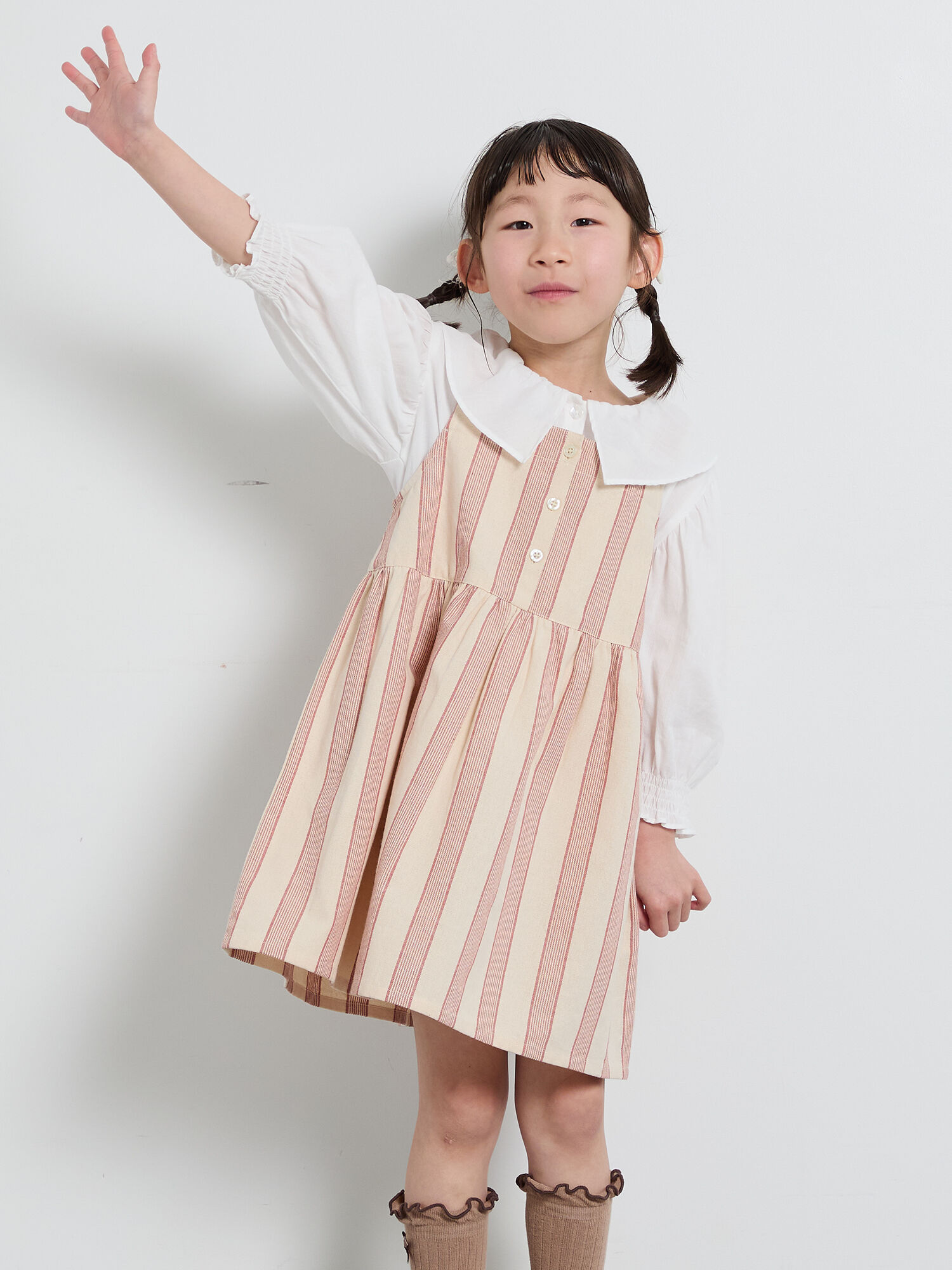 ストライプ柄ジャンバースカート（グレー/レッド/ボトムス/スカート