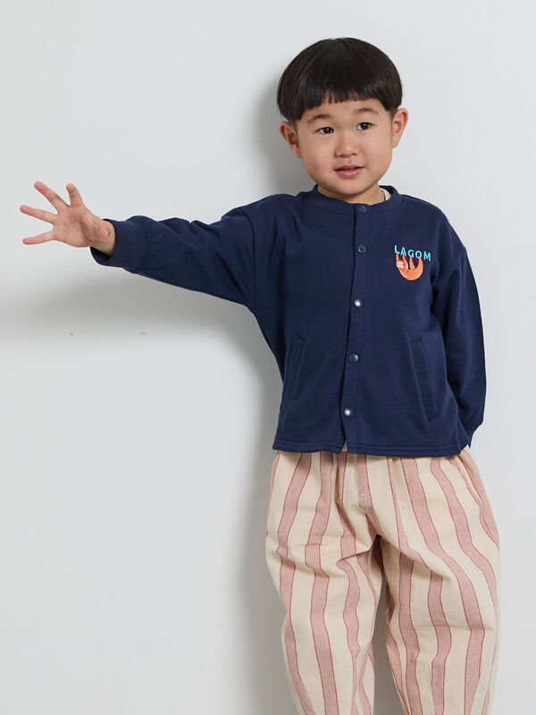 セール】 ナマケモノ刺繍ミニ裏毛カーディガン（オレンジ/ネイビー