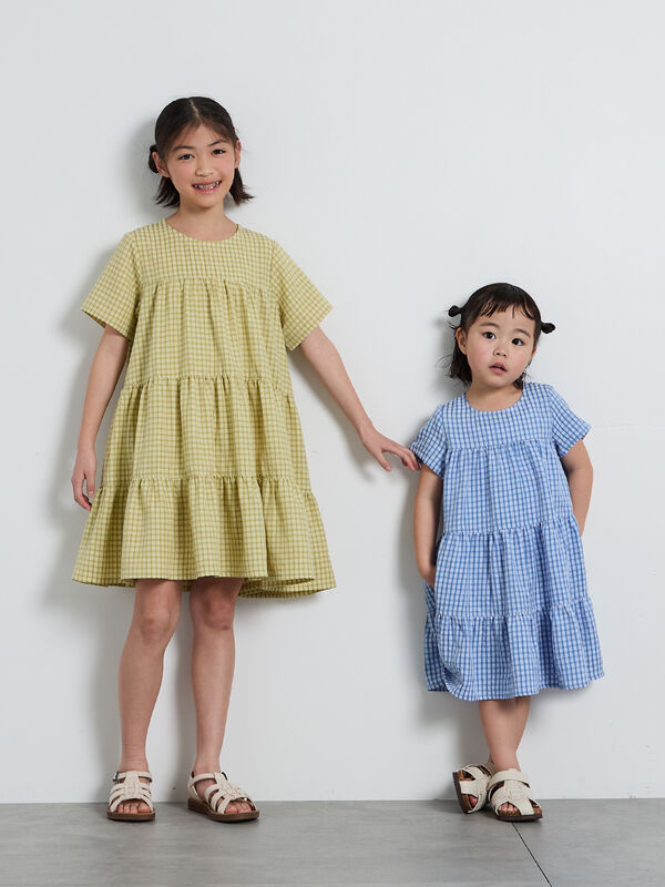 【あいこ】チェック柄 ティアードドレス 95cm ☆チェック柄ティアードワンピース（イエロー/ブルー/ワンピース