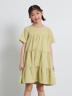【新品・タグ付】モナリザ いちご柄 ティアードワンピース 8Y 128cm セール】 【140・150】チェック柄ティアードワンピース（イエロー