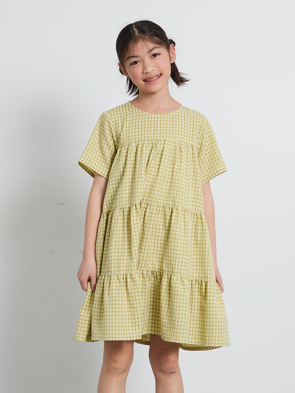 期間限定】 【140・150】チェック柄ティアードワンピース（イエロー