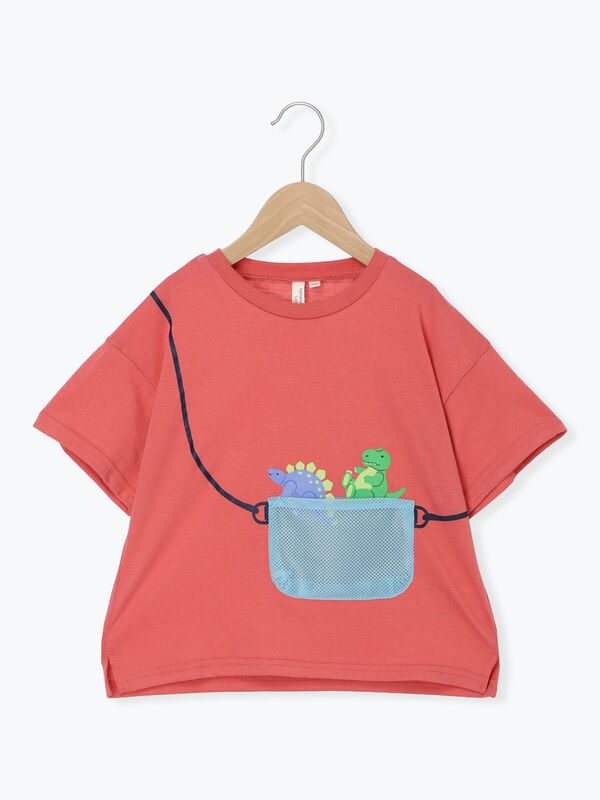 吸水速乾】メッシュポケット恐竜Tシャツ（レッド/ブラウン/ミント