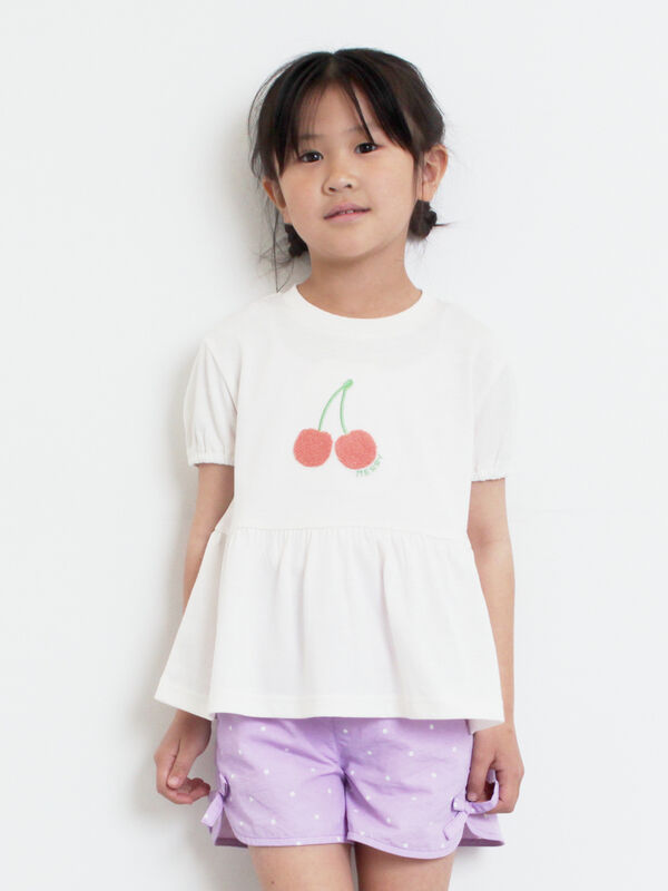 セール】 【吸水速乾】サクランボさがら刺繍Tシャツ（オフホワイト