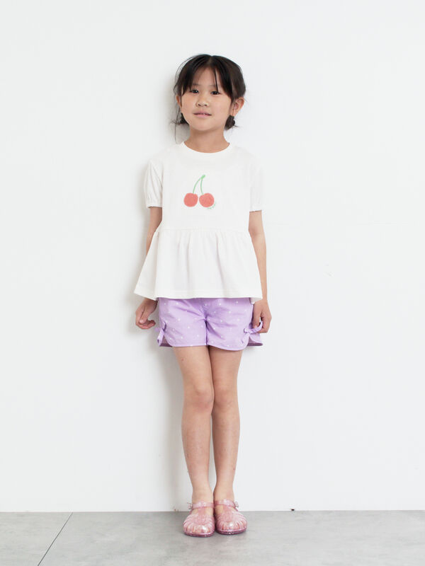吸水速乾】サクランボさがら刺繍Tシャツ（オフホワイト/ピンク