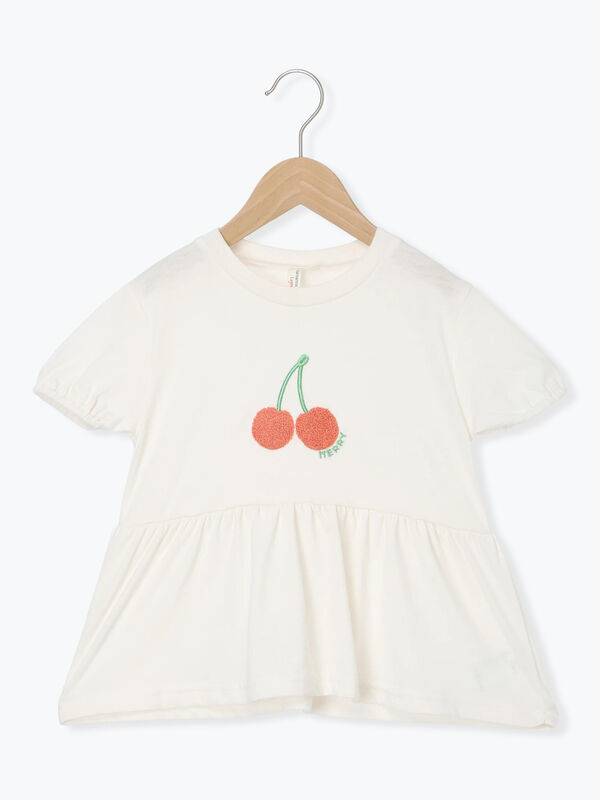 吸水速乾】サクランボさがら刺繍Tシャツ（オフホワイト/ピンク