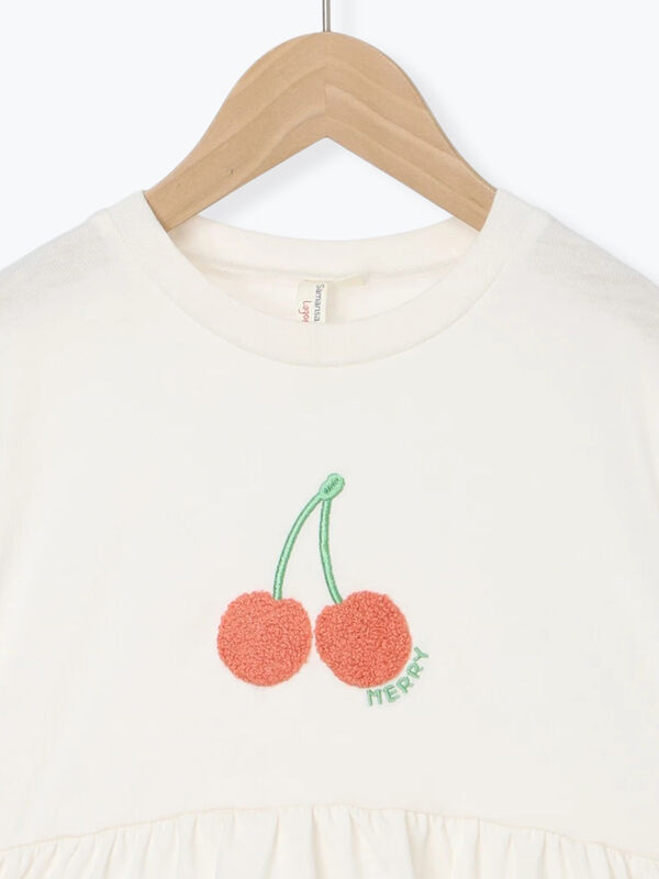 吸水速乾】サクランボさがら刺繍Tシャツ（オフホワイト/ピンク