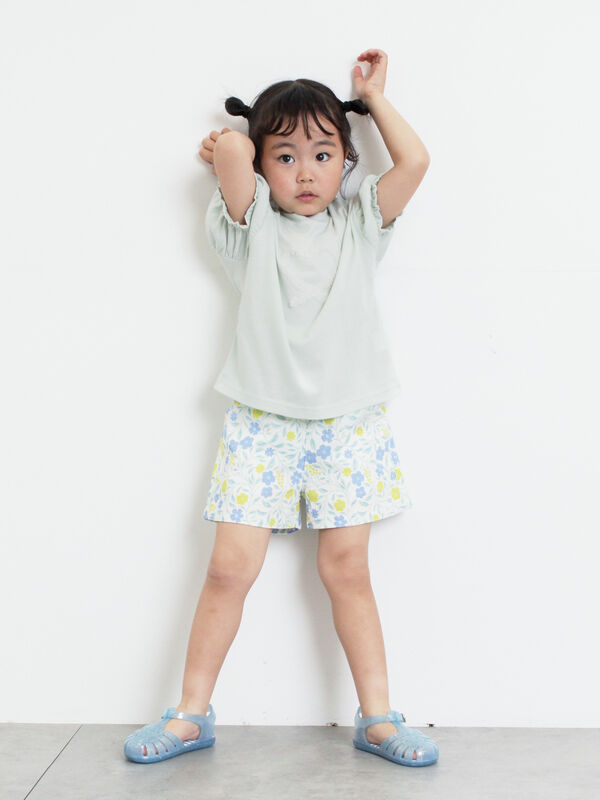 セール】 ☆ショート丈花柄ひんやりパンツ（ピンク/サックスブルー