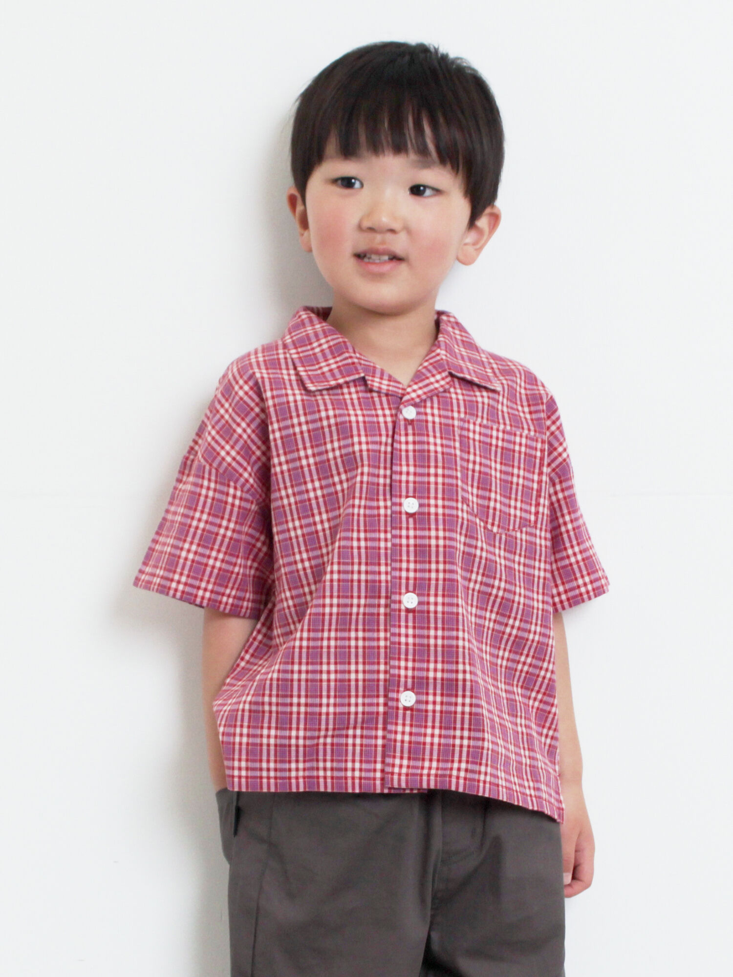 ☆チェック開襟シャツ(セットアップ可)（レッド/イエロー/トップス