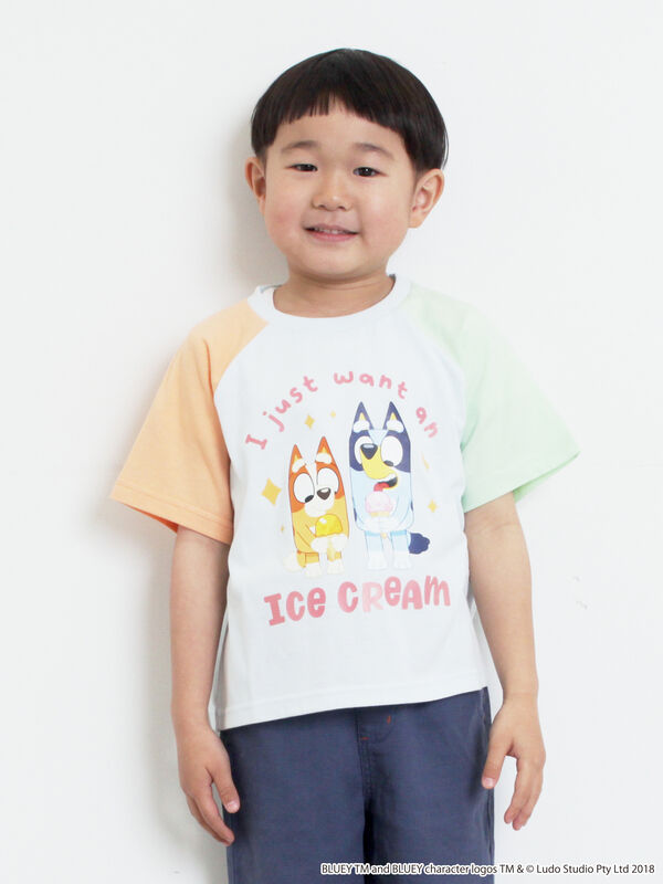 ブルーイ】配色ラグランプリントTシャツ（サックスブルー/オートミール