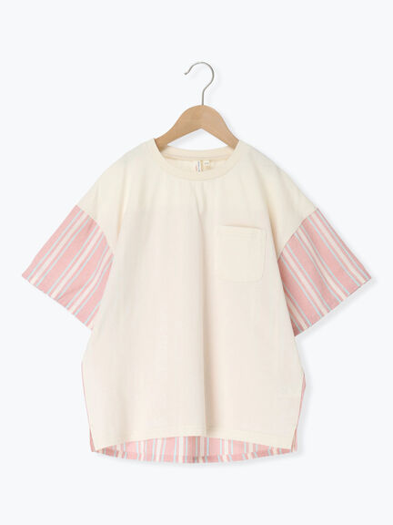 セール】 【140・150】ストライプ切替Tシャツ（レッド/ミント/トップス
