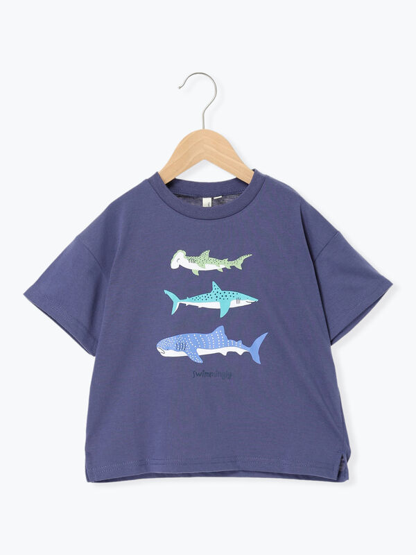 吸水速乾】サメプリントTシャツ（オレンジ/グリーン/ネイビー/トップス