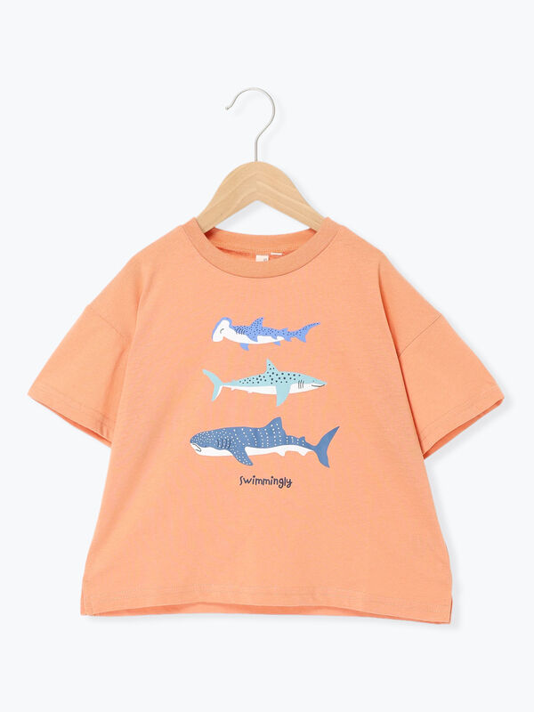 吸水速乾】サメプリントTシャツ（オレンジ/グリーン/ネイビー/トップス