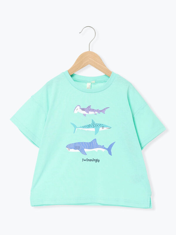 吸水速乾】サメプリントTシャツ（オレンジ/グリーン/ネイビー/トップス
