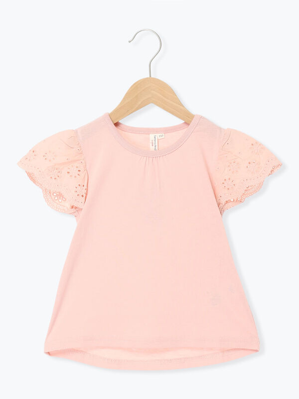 ピンクコットンシャツ 半袖 レース付き セール】 【吸水速乾】袖レースTシャツ（オフホワイト/ピンク/トップス