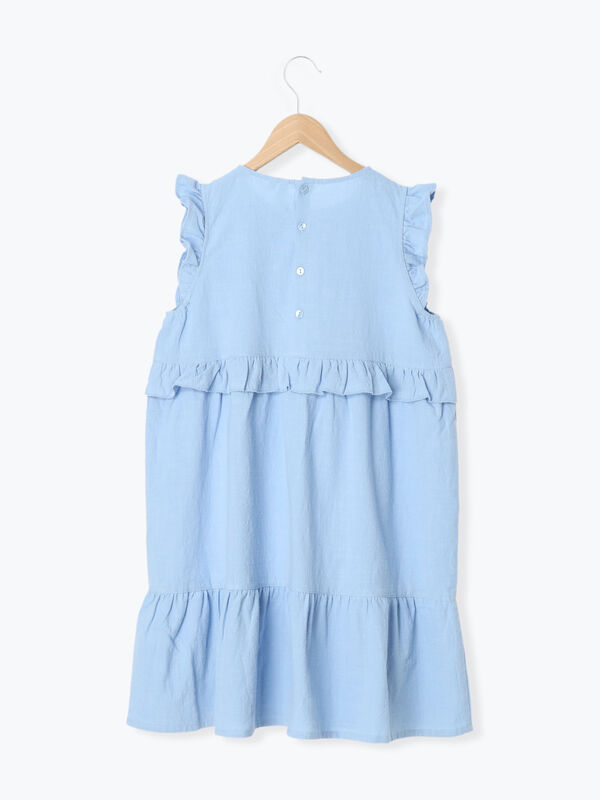 morphose♡ ローズ柄フリルワンピース ブルー 140・150】肩フリルワンピース（ピンク/サックスブルー/ワンピース
