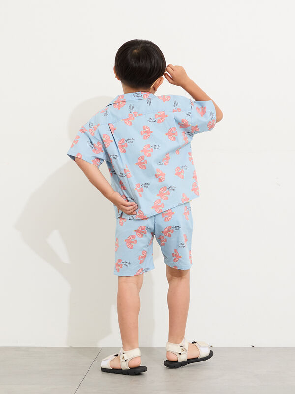 セール】 バード柄ハーフパンツ(セットアップ可)（オレンジ/サックス