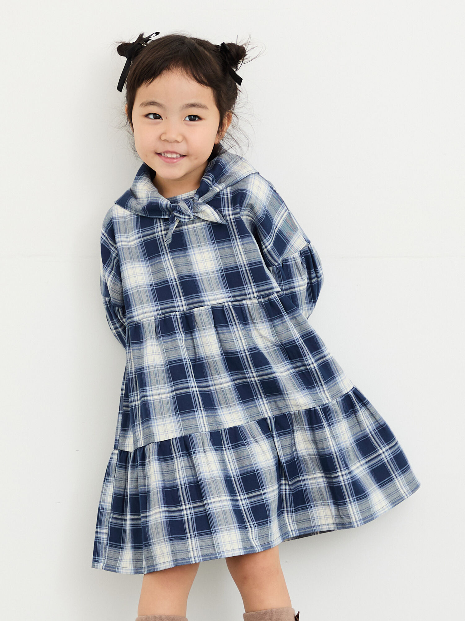 お値下げ　monnalisa ワンピース　12歳用　152cm スカーフ付きチェックティアードワンピース（ブラウン/ネイビー