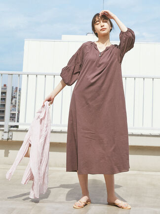 セール ボリュームスリーブ楊柳ワンピース ベージュ ブラウン サックスブルー ワンピース Melan Cleuge Women メランクルージュ ウィメン 公式通販