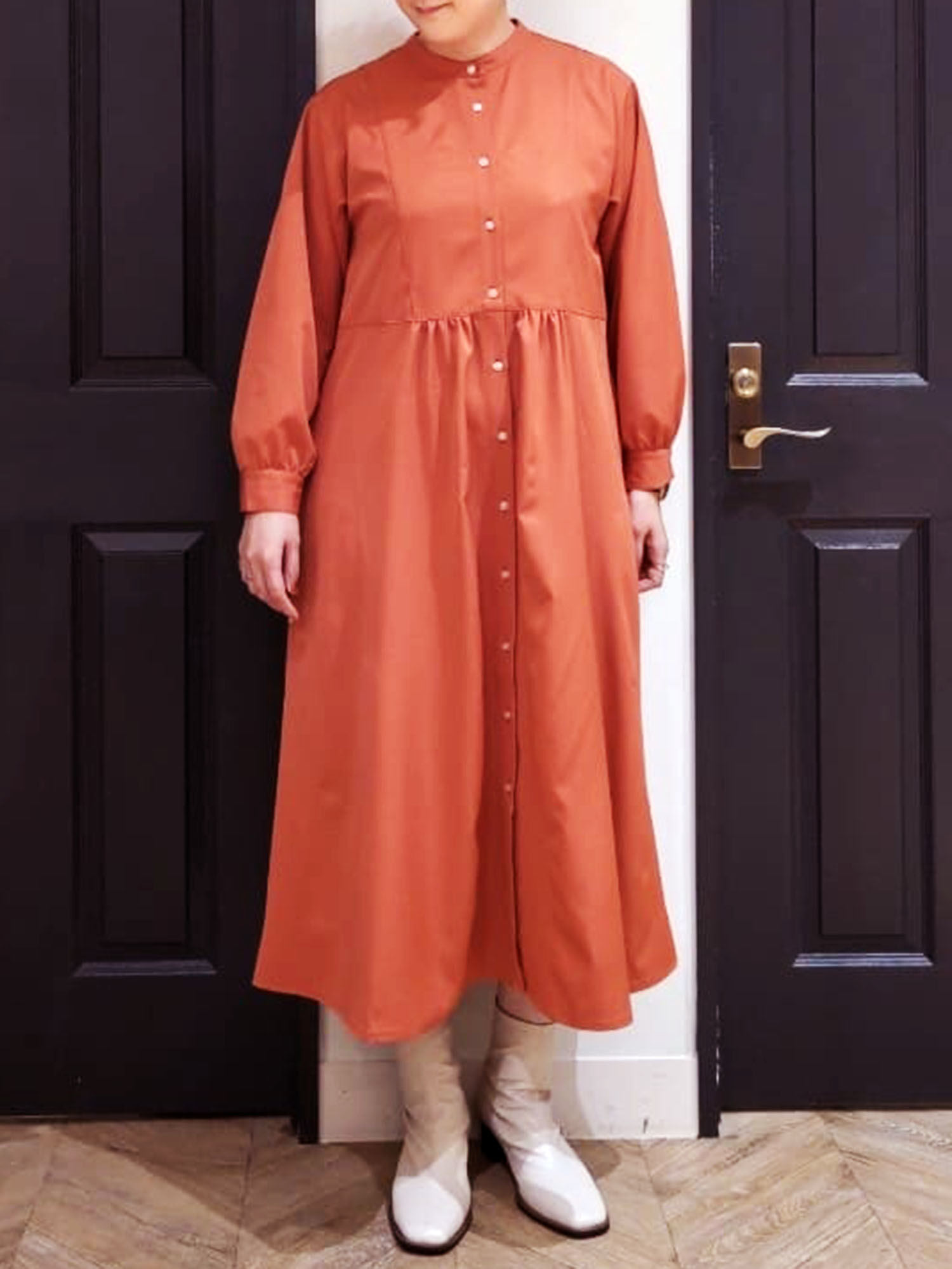 セール 前開きギャザーワンピース ベージュ オレンジ ダークブラウン ワンピース Melan Cleuge Women メランクルージュ ウィメン 公式通販