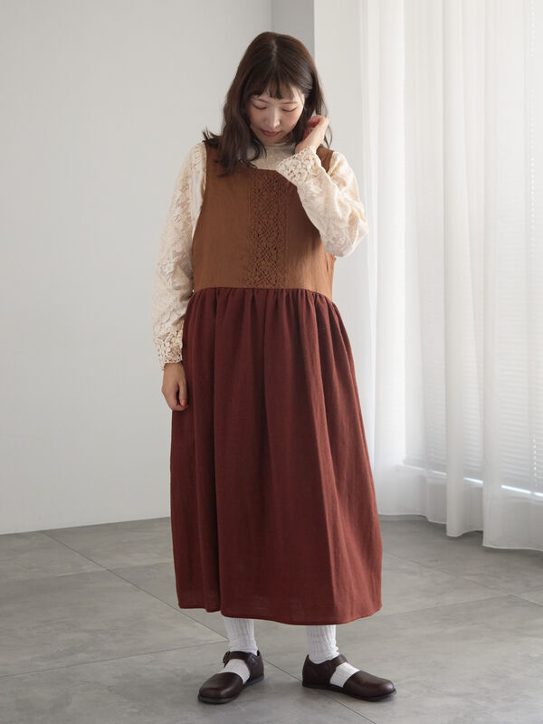 前後着レースノースリ切替ワンピース（ブラック/ベージュ/ブラウン  