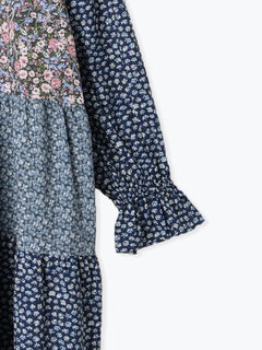 LIBERTY】パッチワーク切替ワンピース（イエロー/ブルー
