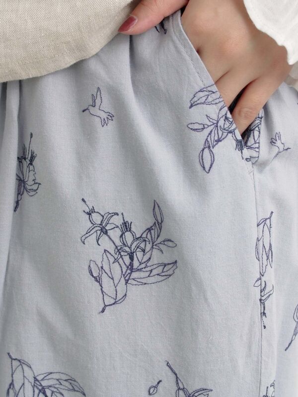 綿麻平織総柄刺繍パンツ（ブルー/キナリ/ボトムス/パンツ
