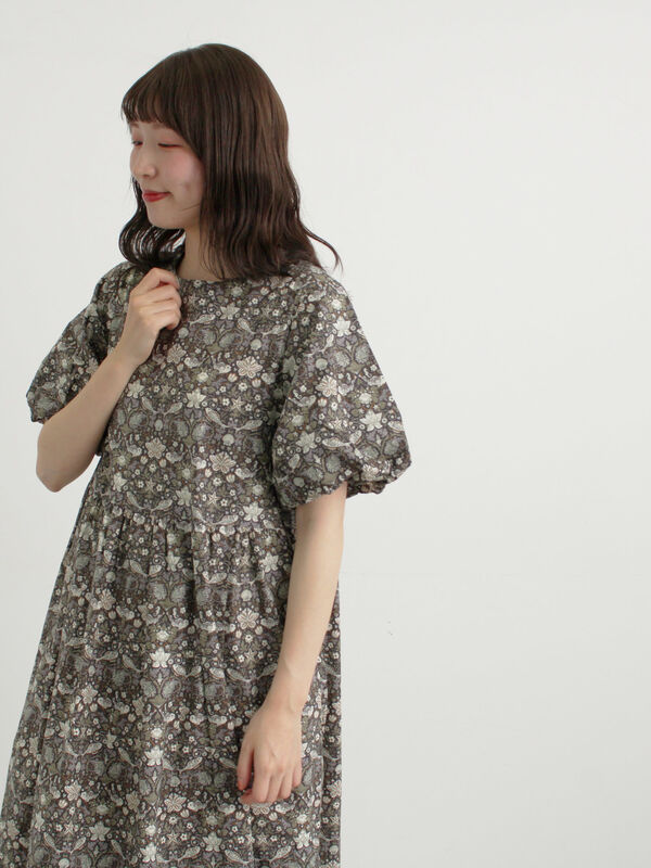 LIBERTY】Akinobu柄袖バルーンワンピース（チャコールグレー