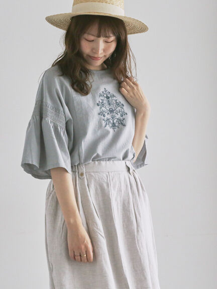 綿麻モチーフ刺繍ブラウス（サックスブルー/ネイビー）｜TSUHARU by Samansa Mos2（ツハルバイサマンサモスモス）通販
