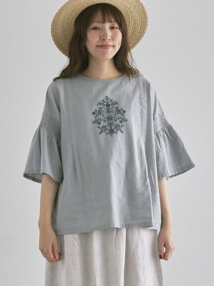 綿麻モチーフ刺繍ブラウス（サックスブルー/ネイビー）｜TSUHARU by Samansa Mos2（ツハルバイサマンサモスモス）通販
