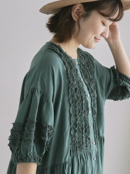 【WEB限定 Sサイズ】【WACLOTH】フリル切替ワンピース（チャコールグレー/ベージュ/グリーン）｜TSUHARU by Samansa Mos2（ツハルバイサマンサモスモス）通販