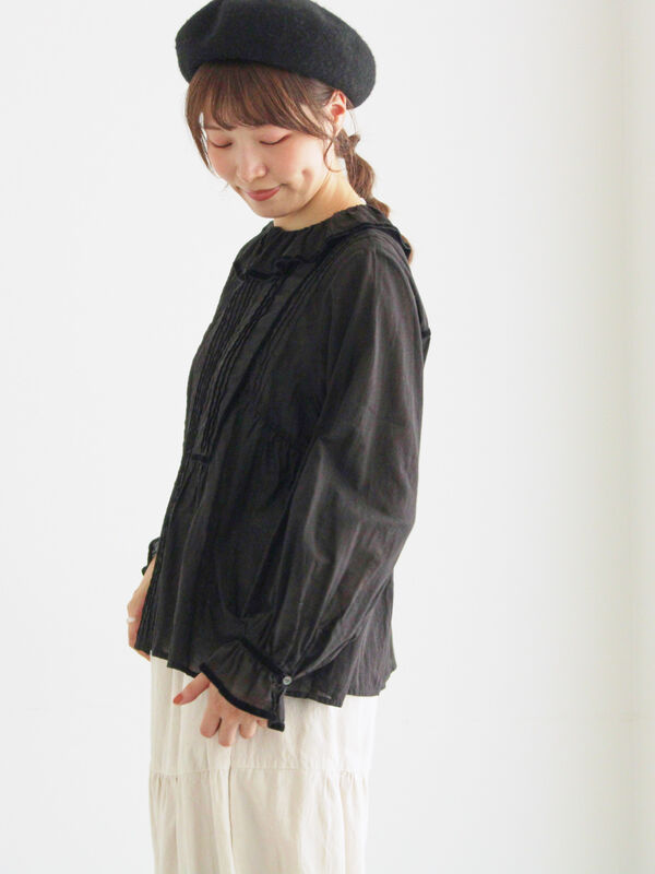セール】 ベロアテープ切替シアーブラウス（ブラック/ブルー/キナリ